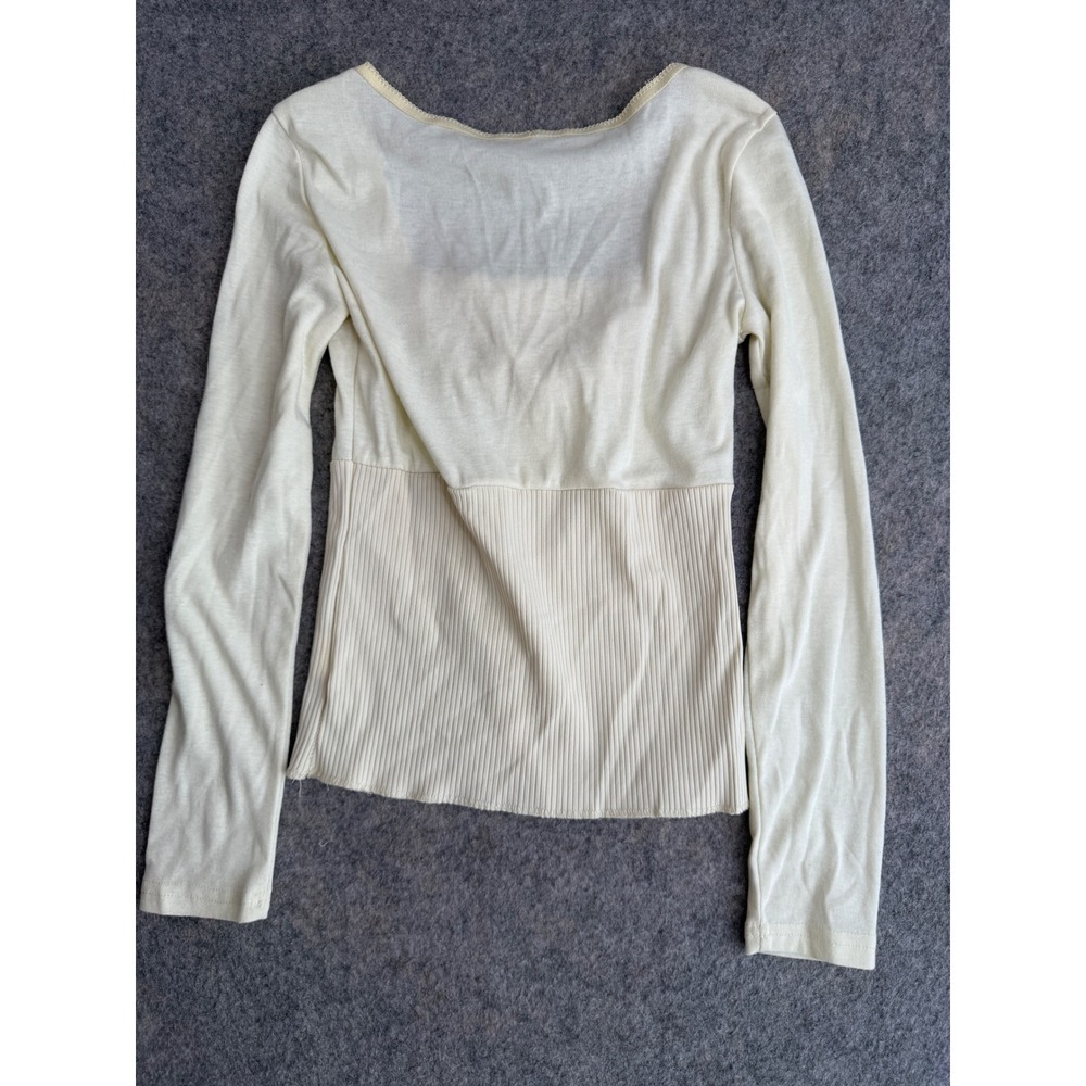 Y2K Coquette Lace Trim Henley Style Top M Cream Balletcore Romantic Dainty Bow - Picture 2 of 6
